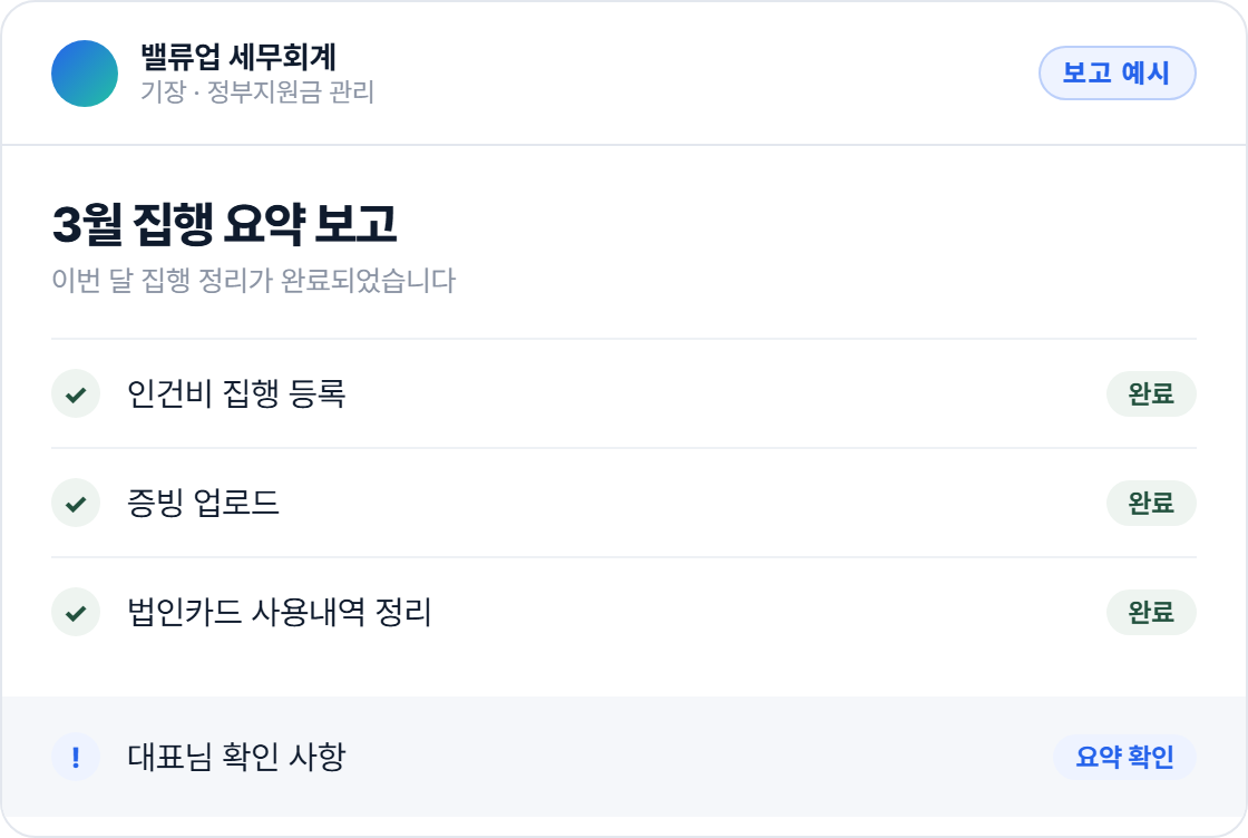 보고 예시 화면: 밸류업 세무회계가 보내는 월간 집행 요약 보고. 인건비 집행 등록, 증빙 업로드, 법인카드 사용내역 정리가 완료로 표시되고 대표님 확인 사항은 요약 확인만으로 표시됨